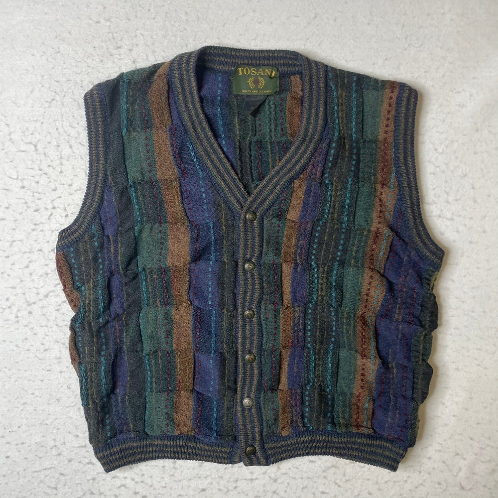 Tosani Sweater‎ Vest Mens XL Multicolor Coogi Style 3D Knit Button Front V-Neck